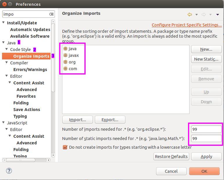 Organize Imports settings in Eclipse